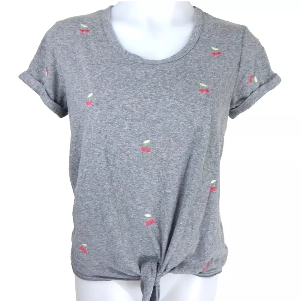 T.la Anthropologie Gray Cherry Embroidered Knot Front Tee